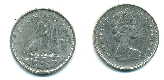 КАНАДА 10 ЦЕНТОВ 1974 ПАРУСНИК KM 77.1 никель 4383-426