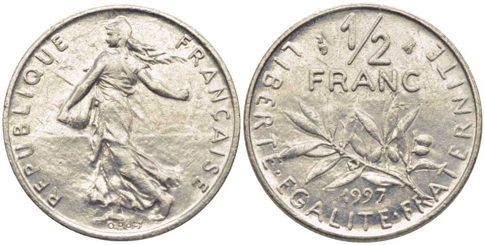 ФРАНЦИЯ 1/2 ФРАНКА 1997 СЕЯТЕЛЬ KM 931.1, LE FRANC 198.40 никель 175-1225