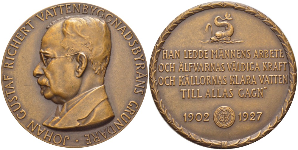 ШВЕЦИЯ МЕДАЛЬ 1927 ИНЖЕНЕР ЙОХАН ГУСТАВ РИЧЕРТ, ПРОЗРАЧНАЯ ВОДА НА БЛАГО КАЖДОГО, ДИАМЕТР 56 ММ, ВЕС 75,37 ГР. бронза 1089-6-43