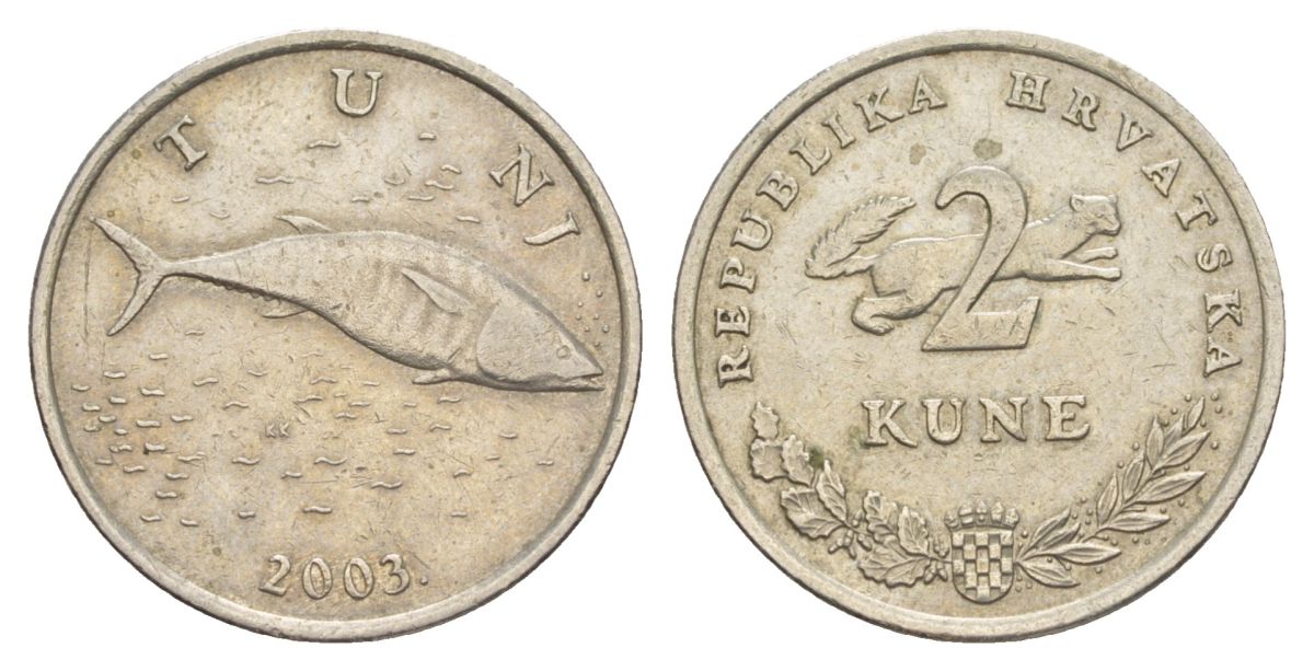 Хорватия 2 куны 2003 тунец, легенда на хорватском KM 10 медь цинк никель 4633-617
