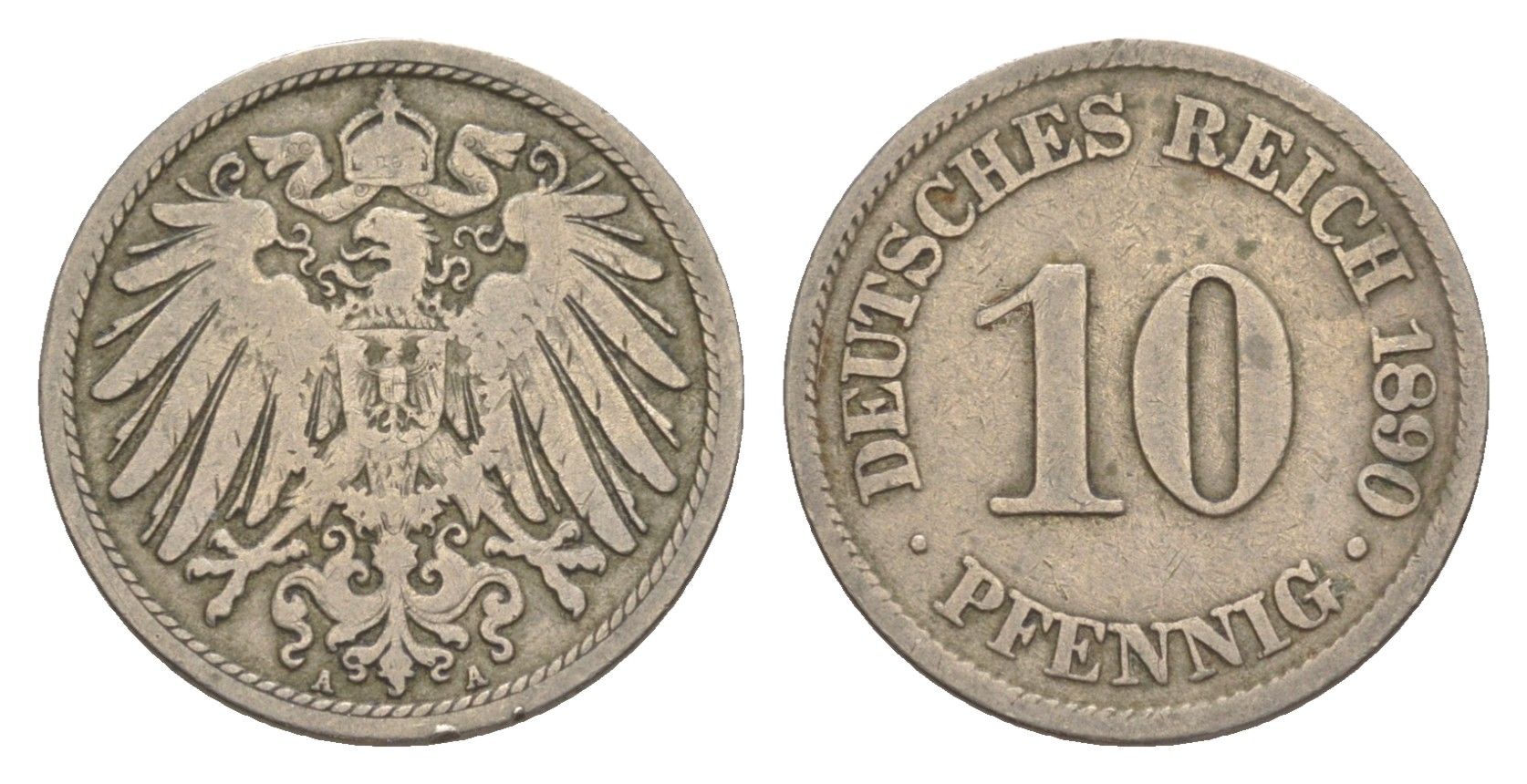 Германия 10 пфеннигов 1890 A, Вильгельм II (1888-1918) KM 12, J. 13 медно-никель 4647-867