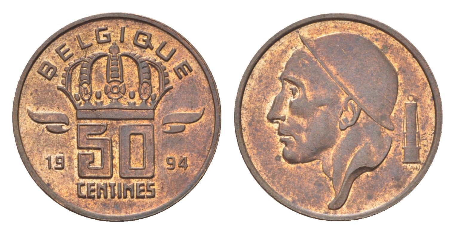 Бельгия 50 сантимов 1994 Belgique, Бодуэн I (1951-1993) KM 148 бронза 4705-238
