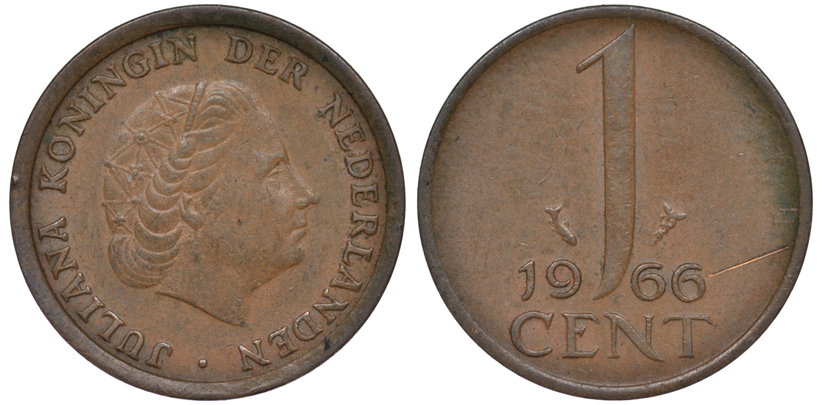НИДЕРЛАНДЫ 1 ЦЕНТ 1966 ЮЛИАНА KM 180 бронза 45-421