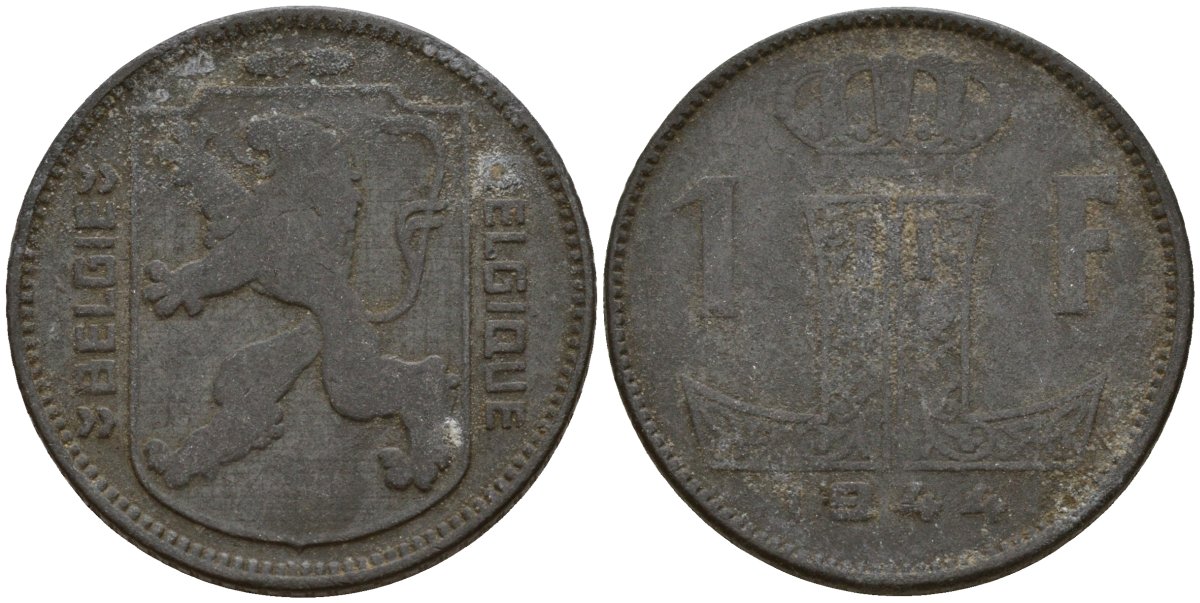 Бельгия 1 франк 1944 Belgie - Belgique, Леопольд III (1934-1947), германская оккупация, Вторая мировая война KM 128 цинк 4161-545