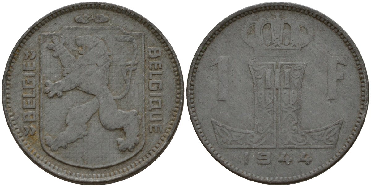 Бельгия 1 франк 1944 Belgie - Belgique, Леопольд III (1934-1947), германская оккупация, Вторая мировая война KM 128 цинк 4161-537