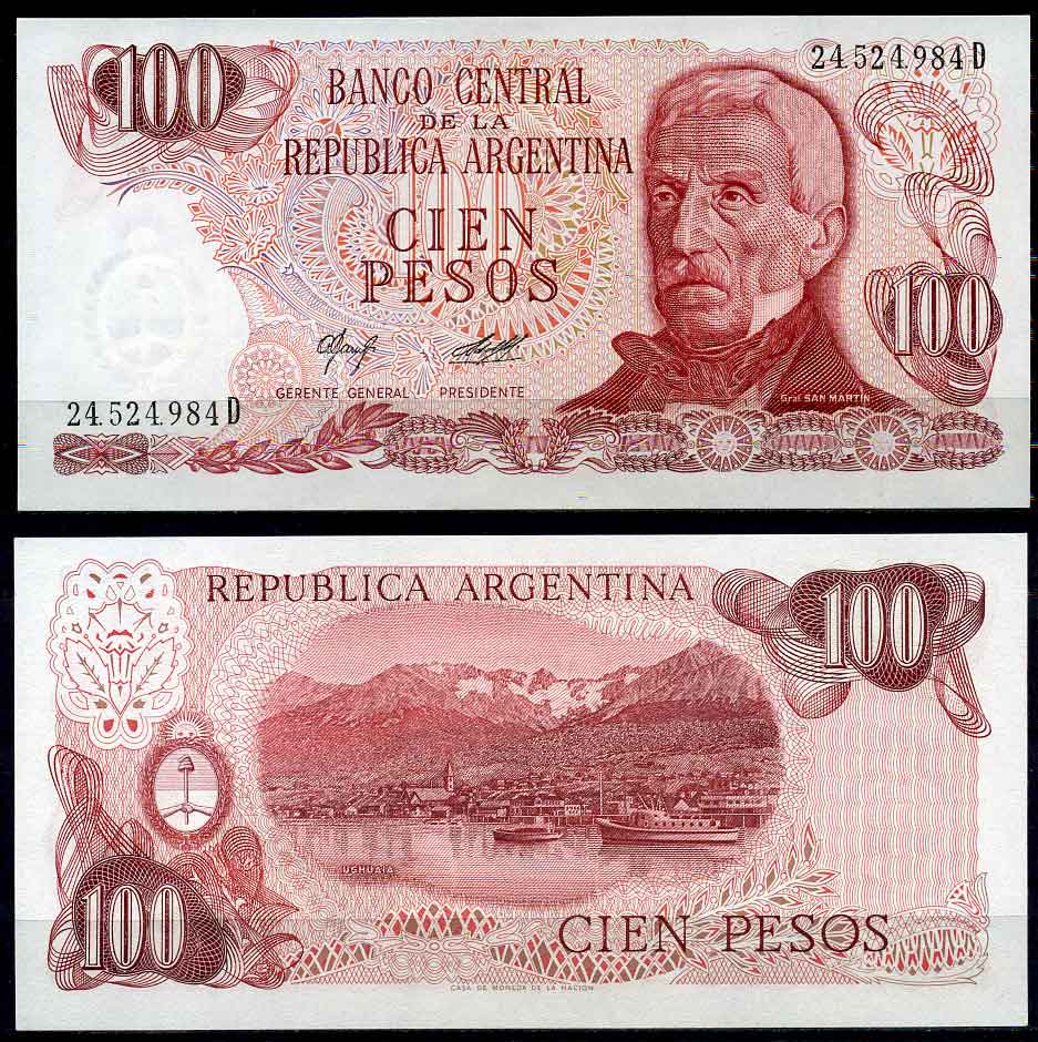 Аргентина 100 песо 1977 генерал Хосе де Сан-Мартин, серия D 24524 Pick 302a  бумага  UNC (пресс) 447-26-2-3