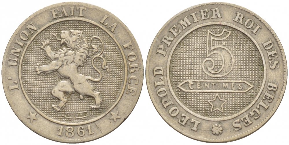 Бельгия 5 сантимов 1861 BELGES KM 21 медно-никель 4127-234
