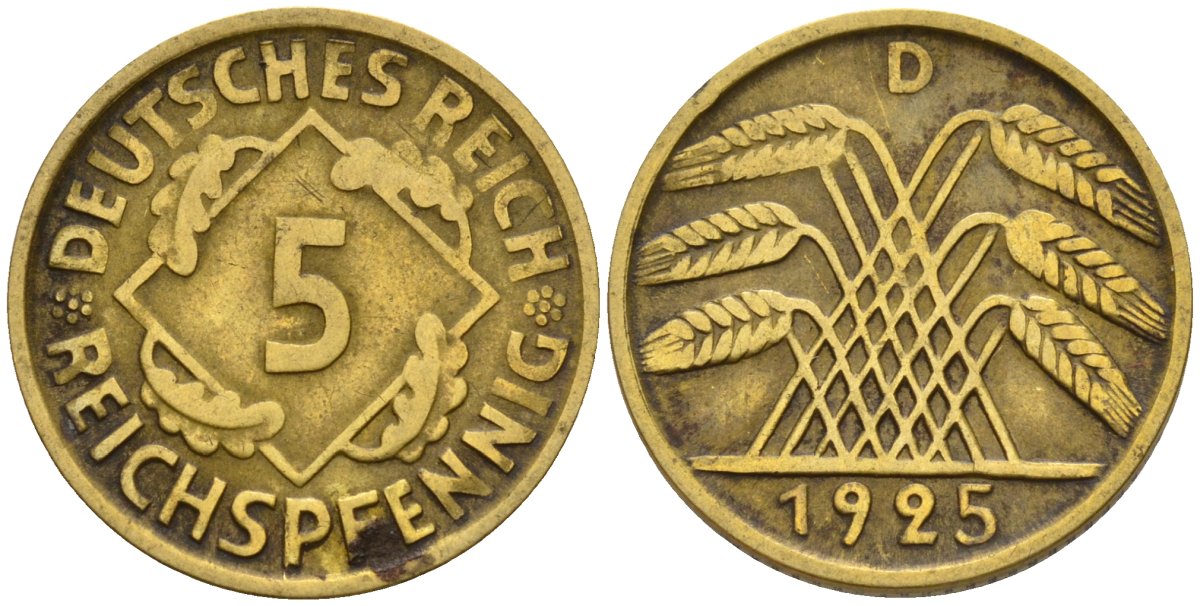 Германия 5 рейхспфеннигов 1925 D KM 39, J. 316 алюминиевая бронза 4151-914