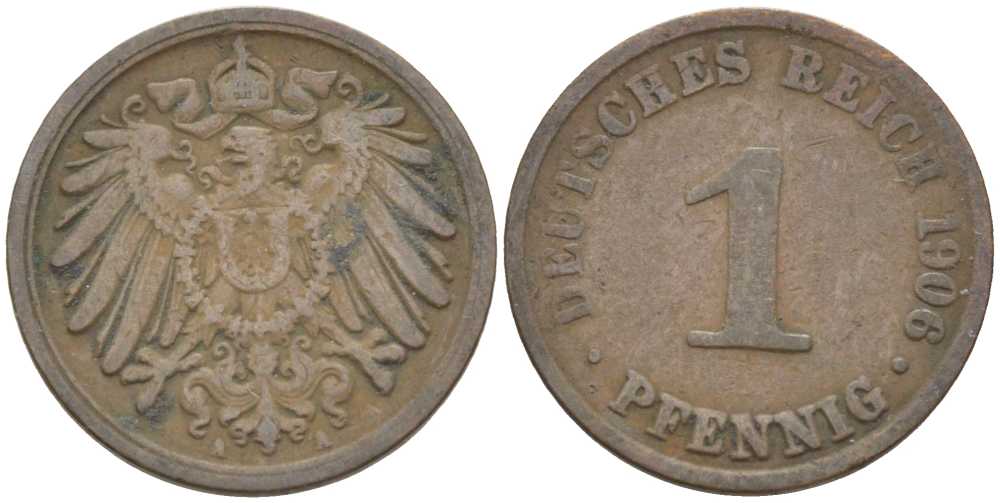ГЕРМАНИЯ 1 ПФЕННИНГ 1906 А KM 10, J. 10 медь 201-922