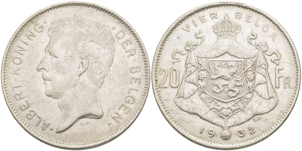 БЕЛЬГИЯ 20 ФРАНКОВ 1932 АЛЬБЕРТ I (1909-1934), BELGEN KM 102 никель 1517-614