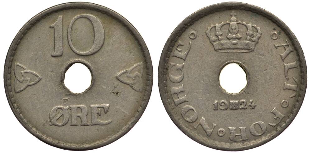 Норвегия 10 эре 1924 Хокон VII (1905-1957) KM 383 медно-никель 4549-945