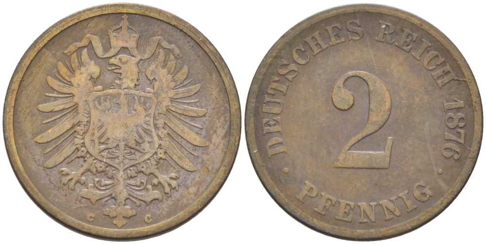 Германия 2 пфеннига 1876 C, старогербовка KM 2, Jager 2, Weege 3 медь 212-713