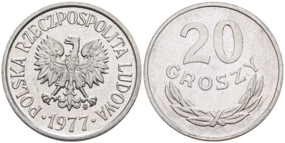 ПОЛЬША 20 ГРОШЕЙ 1977 MW KM А47 алюминий 201-464