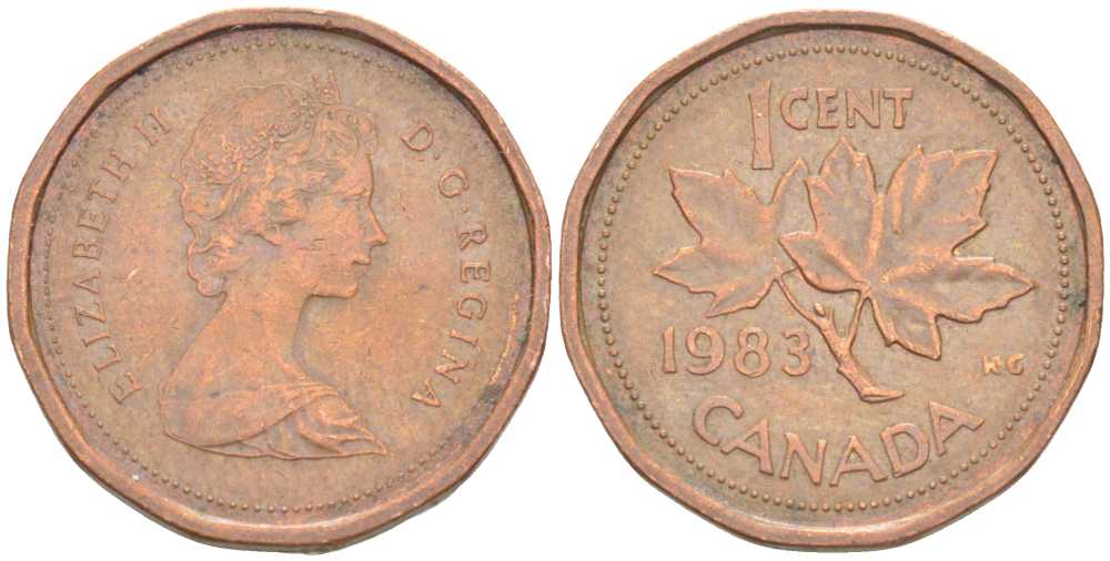 КАНАДА 1 ЦЕНТ 1983 КЛЕНОВЫЙ ЛИСТ, ЕЛИЗАВЕТА II KM 132 бронза 96-639