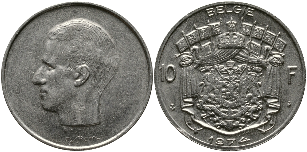 БЕЛЬГИЯ 10 ФРАНКОВ 1974 BELGIE, БОДУЭН I (1951-1993) KM 156.1 никель 3333-1044