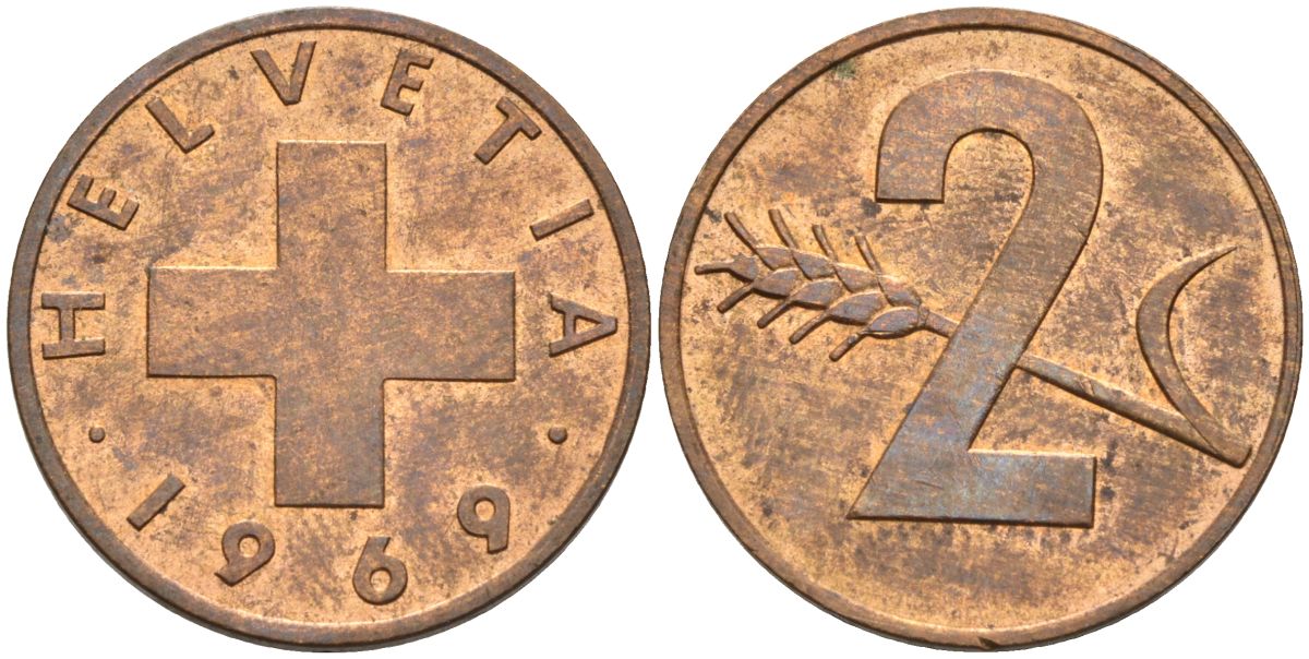 Швейцария 2 раппена 1969 KM 47 бронза 4543-1122