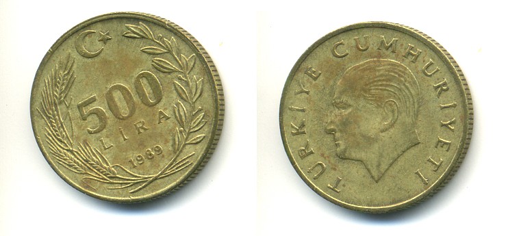 Турция 500 лир 1989 Кемаль Ататюрк KM 989 алюминиевая бронза 4379-214