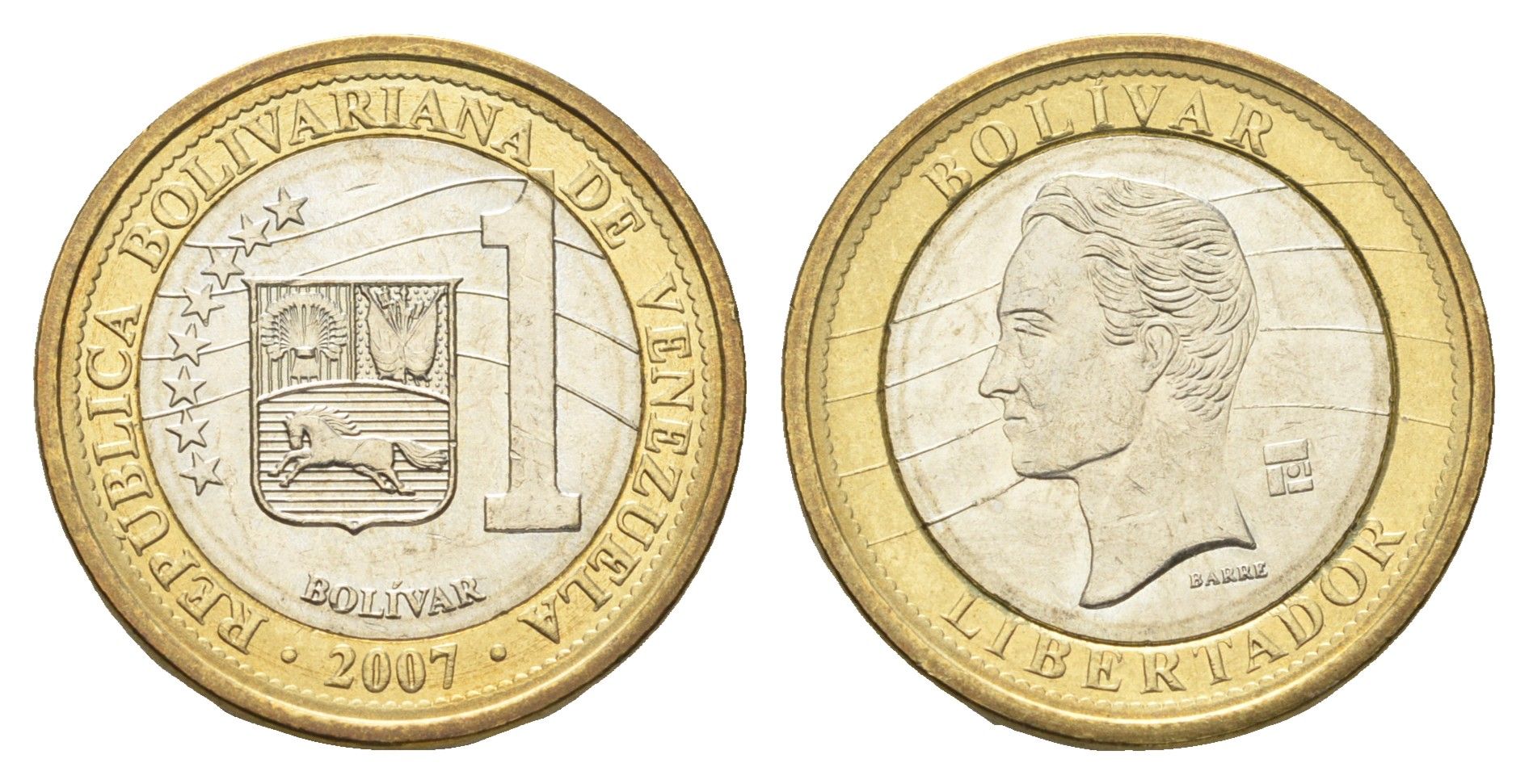 Венесуэла 1 боливар 2007 Симон Боливар Y 93 биметалл UNC 4666-1233