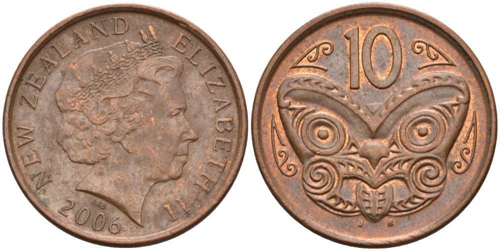 Новая Зеландия 10 центов 2006 маска Маори, Елизавета II (1952-) KM 117а сталь плакированная медью 186-524