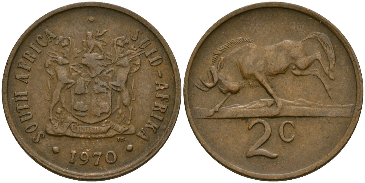 ЮАР 2 цента 1970 герб, антилопа гну KM 83 бронза 4135-941