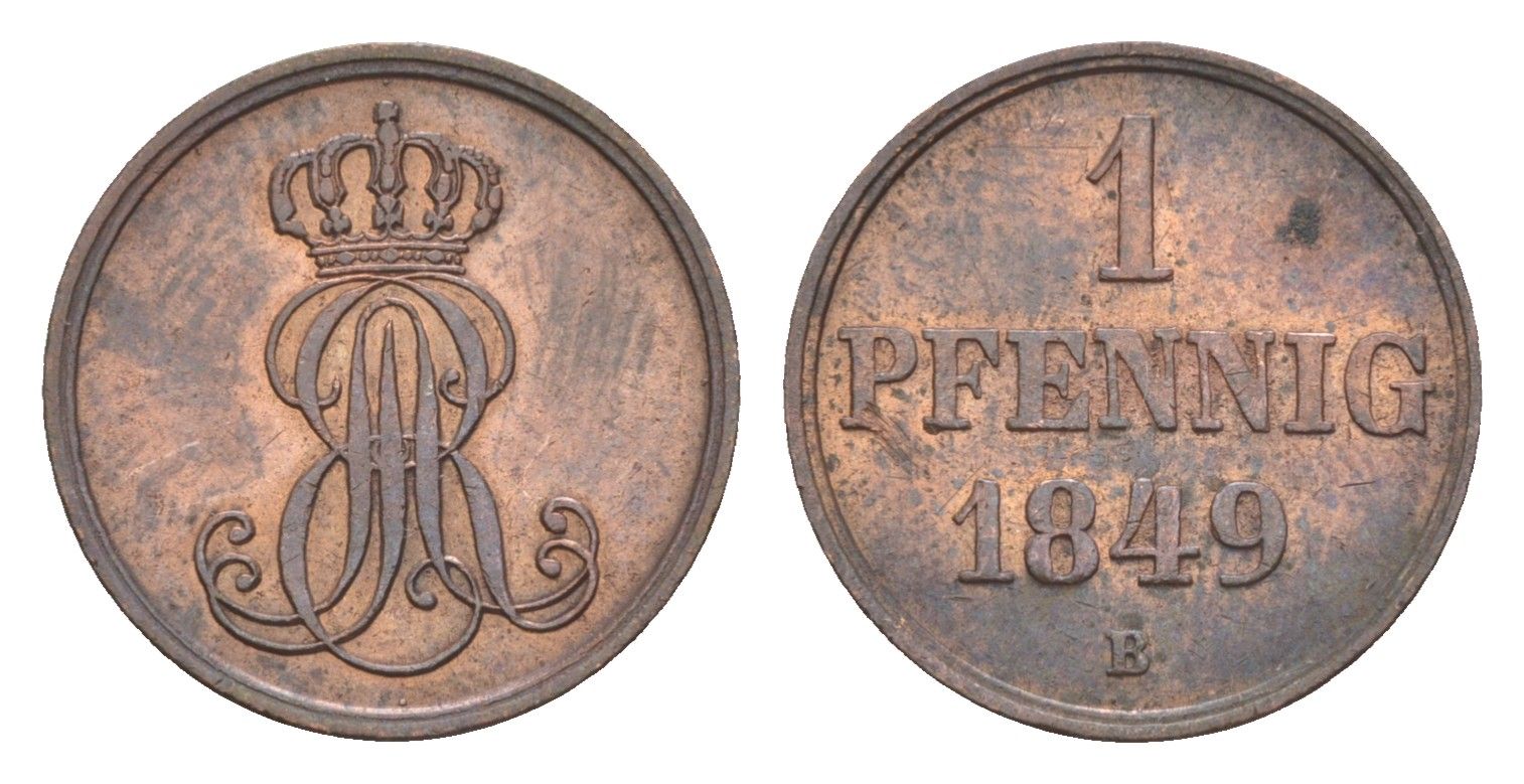 Ганновер 1 пфенниг 1849 B, Эрнст Август I (1837-1851) KM 201.1, AKS 129, J. 74 медь    4658-1054