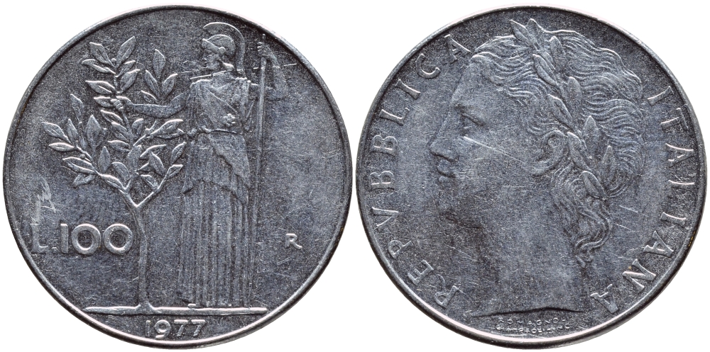 ИТАЛИЯ 100 ЛИР 1977 R , АФИНА KM 96.1 нержавеющая сталь 4394-621