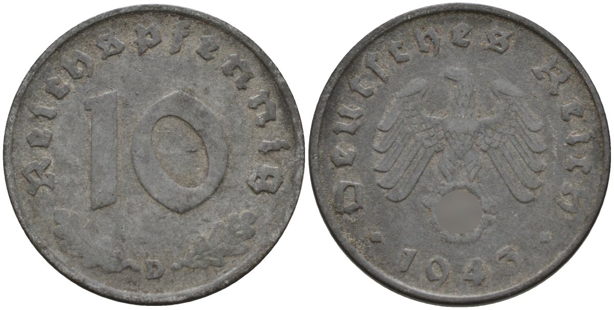 Германия 10 рейхспфеннигов 1943 D KM 101, J.371 цинк 4151-249