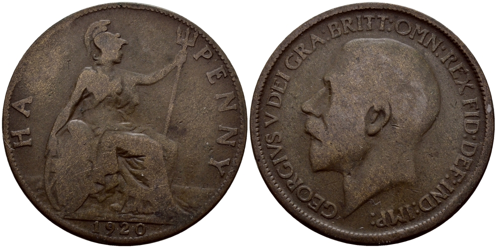 Великобритания 1/2 пенни 1920 Георг V (1910-1936) KM 809, Spink 4056 бронза 51-843