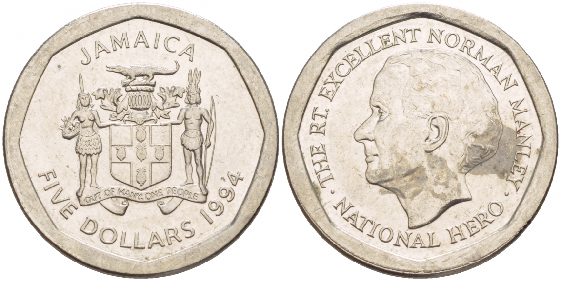 ЯМАЙКА 5 ДОЛЛАРОВ 1994 НОРМАН МЭНЛИ KM 163 сталь 4548-1012