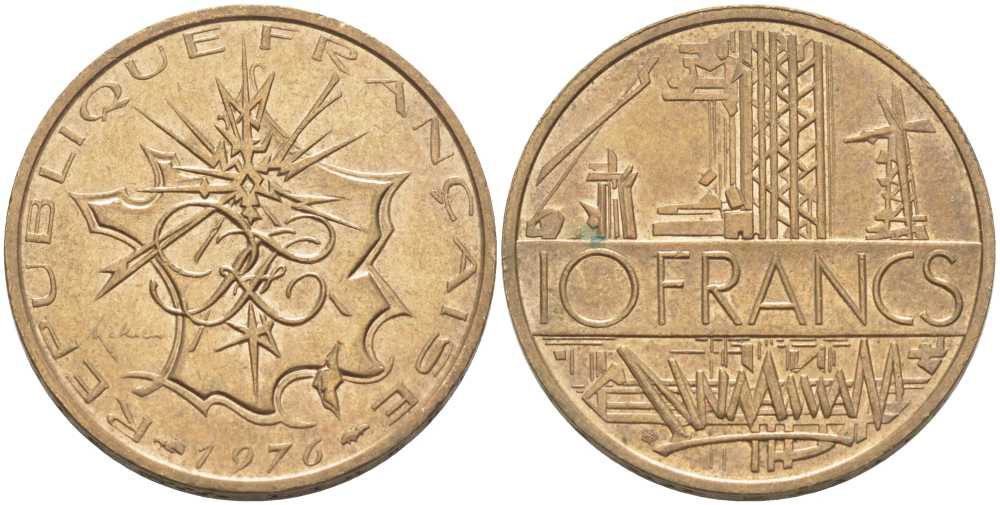 Франция 10 франков 1976 тип Матье KM 940, Le Franc 365.7-8 никель латунь 111-945