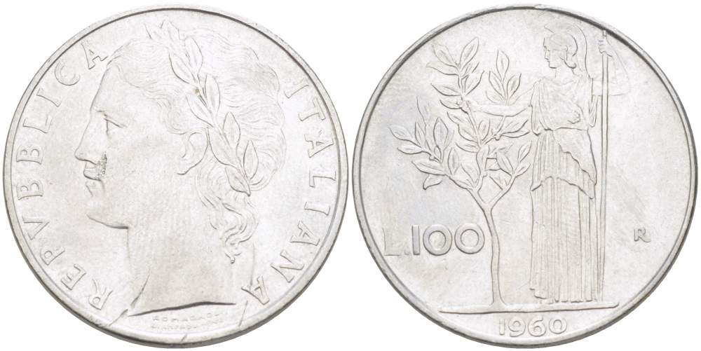 ИТАЛИЯ 100 ЛИР 1960 R, АФИНА, ДИАМЕТР 28 ММ. KM 96.1 нержавеющая сталь 4521-1121