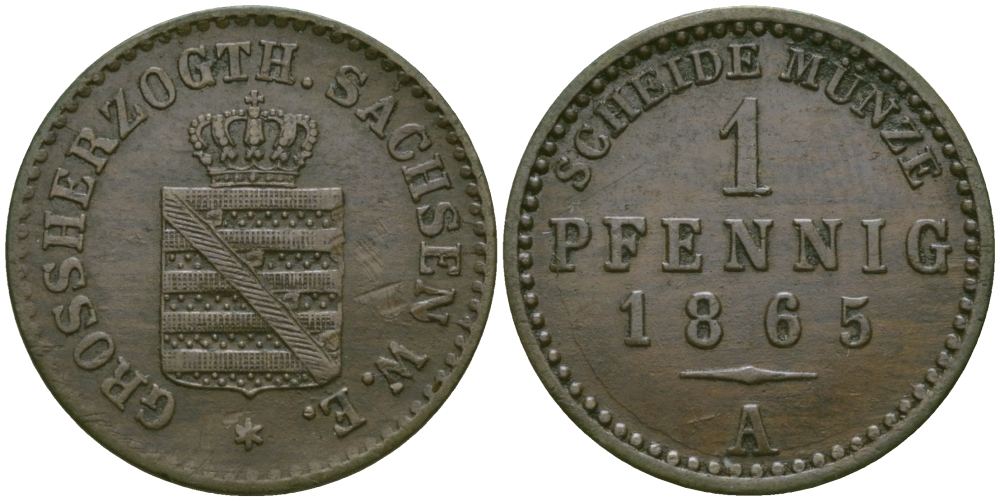 Саксен-Веймар-Эйзенах 1 пфенниг 1865 А, Карл Александр (1853-1901) KM 89, Jaeger 533, AKS 37 медь 99-566