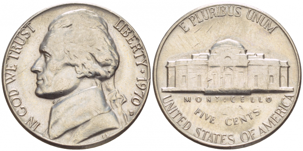 США 5 ЦЕНТОВ 1970 D, ДЖЕФФЕРСОН KM А192 медно-никель 4546-1142