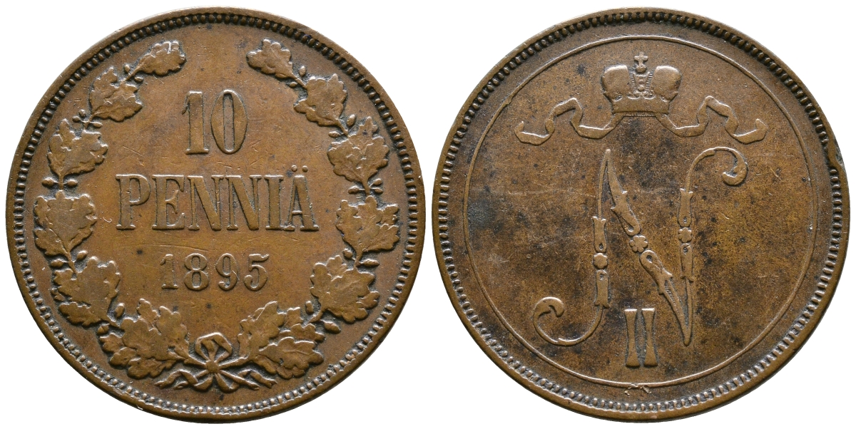 РОССИЯ ДЛЯ ФИНЛЯНДИИ 10 ПЕННИ 1895 НИКОЛАЙ II KM 14, Биткин 423 медь 1524-1122