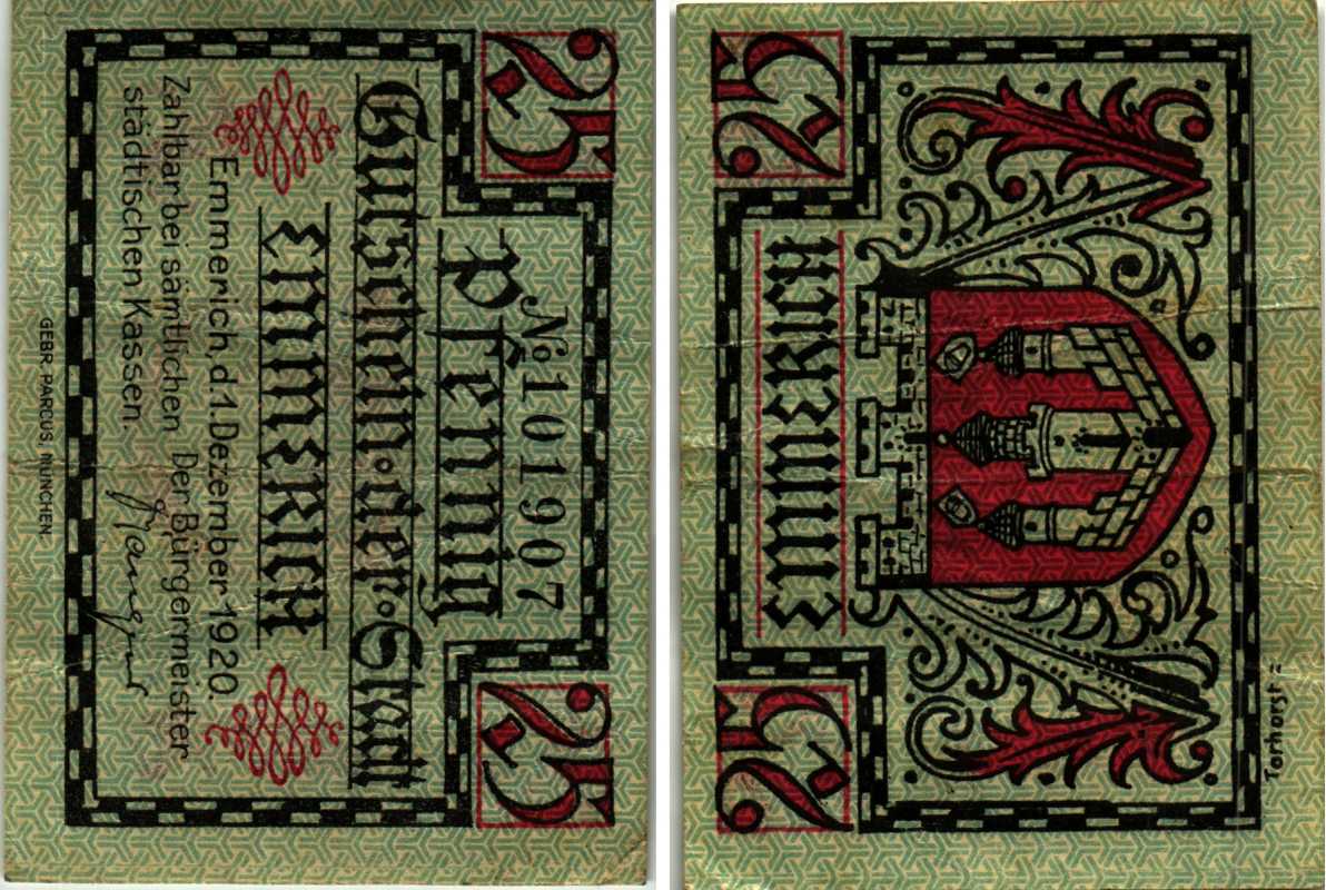 Германия, Эммерих 25 пфеннигов 1920 нотгельд, голубая, 1.12.1920 Tie.1710/25 бумага 6318-26-3-1