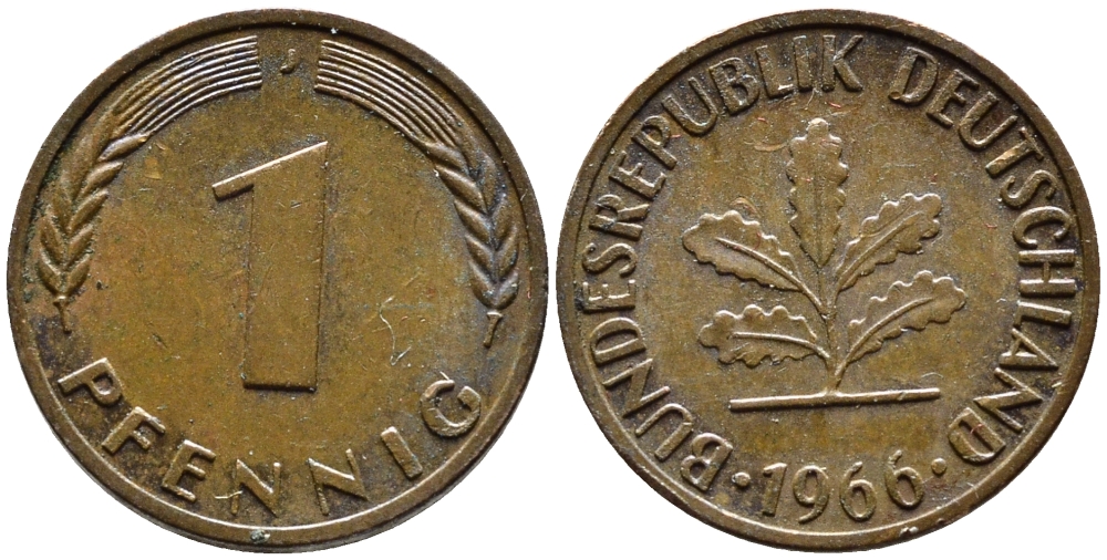 ФРГ 1 ПФЕННИГ 1966 J KM 105, J.380 сталь плакированная медью 4392-439
