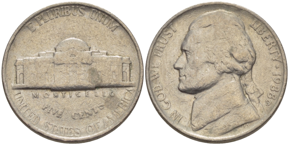 США 5 ЦЕНТОВ 1988 D, ДЖЕФФЕРСОН KM А192 медно-никель 31-654