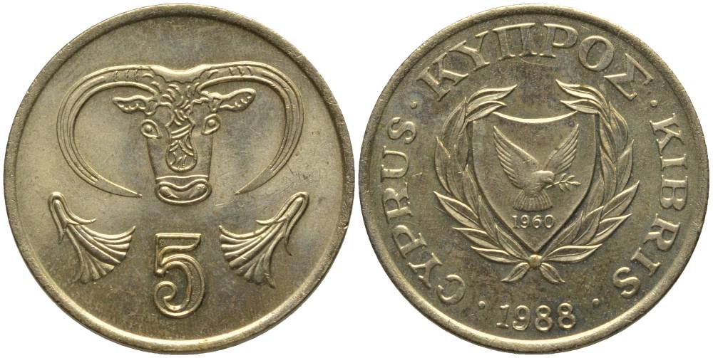 КИПР 5 ЦЕНТОВ 1988 ГОЛОВА БЫКА KM 55.2 никель латунь UNC 181-513