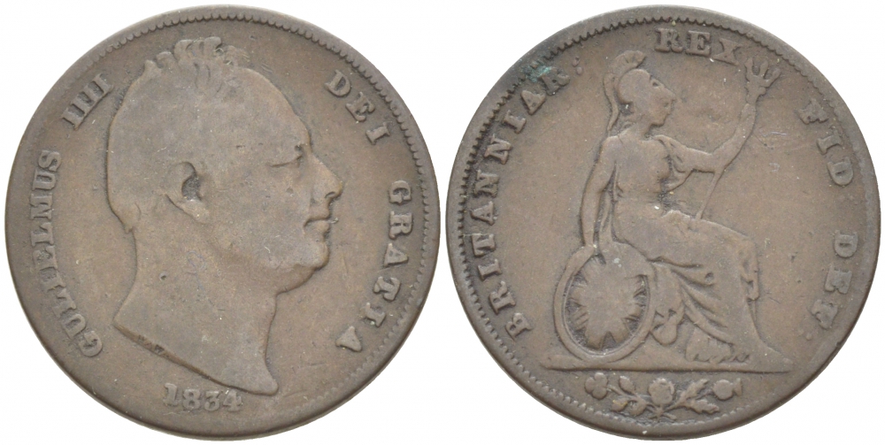 Великобритания 1 фартинг 1834 Вильгельм IV (1830-1837) KM 705, Spink 3848 медь 1515-2135