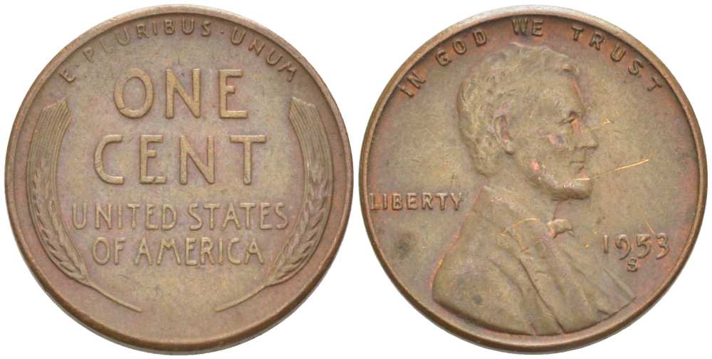 США 1 ЦЕНТ 1953 S, ЛИНКОЛЬН KM А132 медь цинк 3309-1128