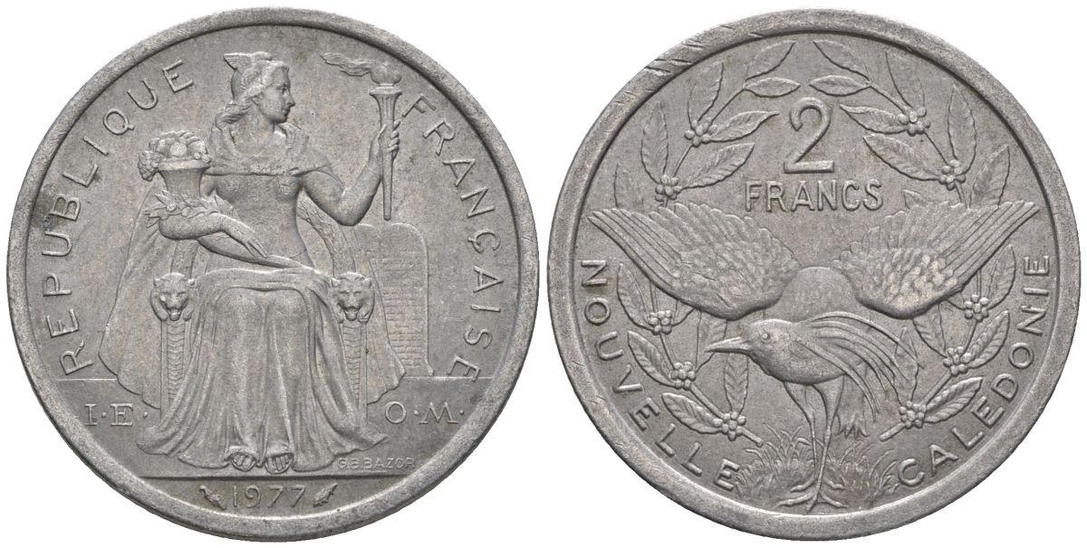 Французская Новая Каледония 2 франка 1977 птица кагу, (IEOM) KM 14, Schoen 11, Lec 58 алюминий    08-735