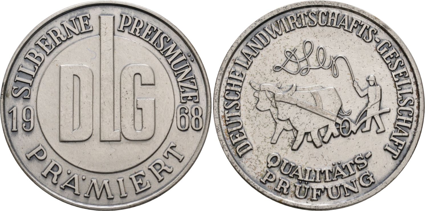 Германия медаль 1968 аудиторское общество по качеству, премирует серебряной медалью DLG, диаметр 41 мм.  белый металл    1066-10-13