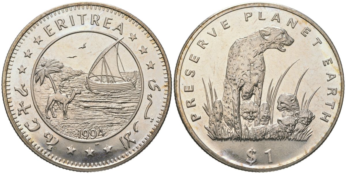 Эритрея 1 доллар 1994 берегите планету Земля - Гепард KM 15 медно-никель BU 4558-1013