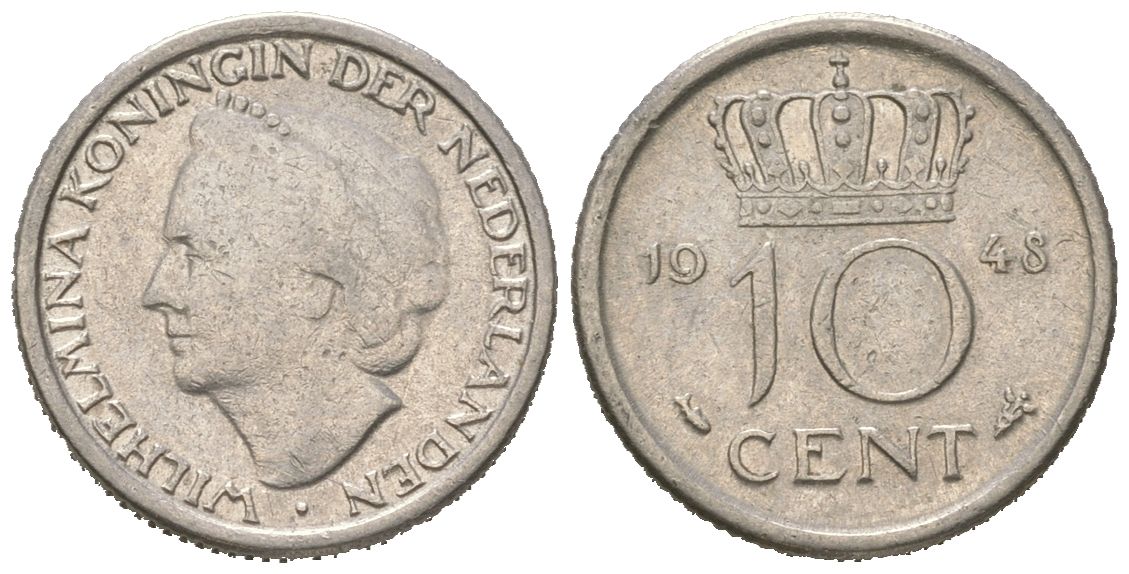 Нидерланды 10 центов 1948 Вильгельмина (1895-1948) KM 177 никель 4173-919