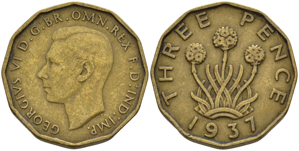 Великобритания 3 пенса 1937 Георг VI (1936-1952) KM 849, Spink 4112 никель латунь 4146-317