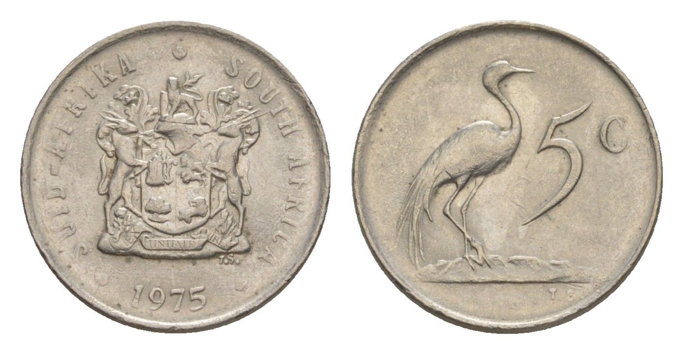 ЮАР 5 центов 1975 герб, райский журавль KM 84 никель 4602-1015