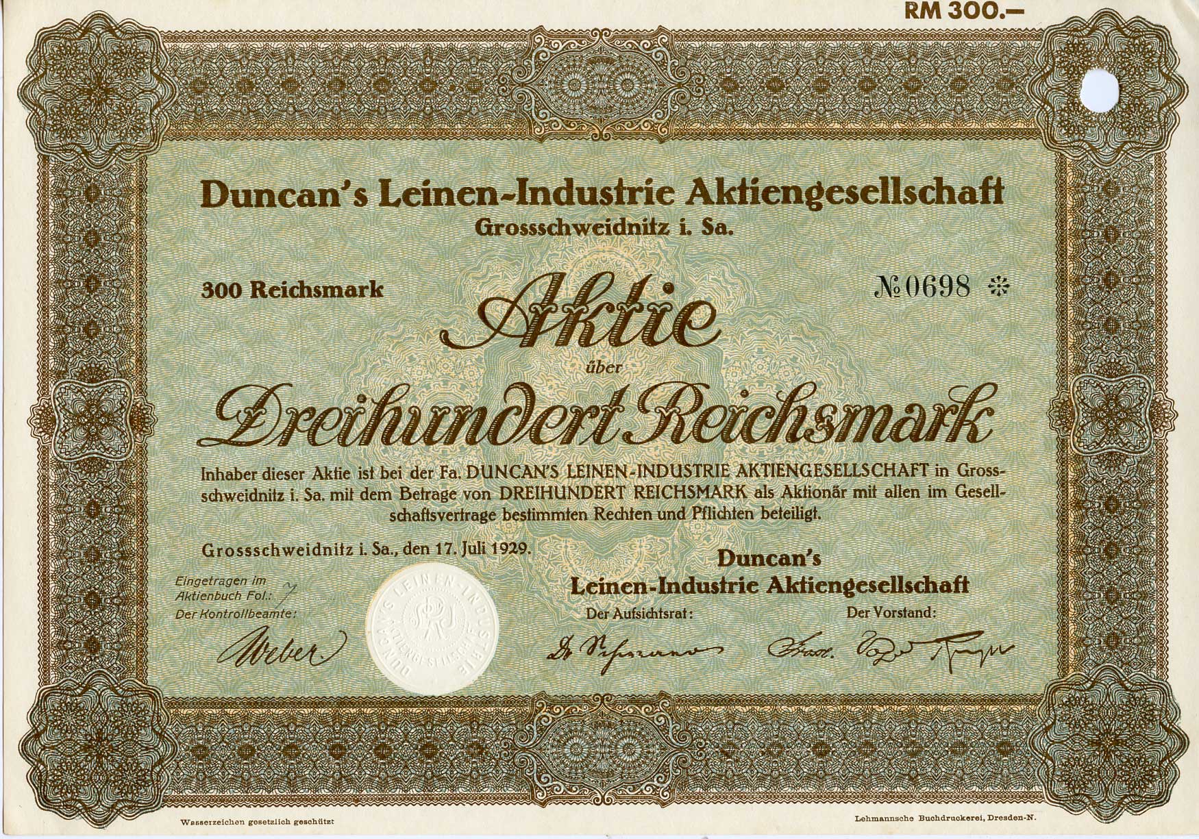 Германия 300 рейхсмарок 1929 АО Duncan's Leinen-Industrie, акция   бумага   8803-50-1