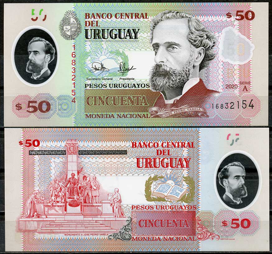 Уругвай 50 песо 2020 Жозе Педро Варела, монумент Варела Pick 102 (1)  пластик  UNC (пресс) 447-58-3