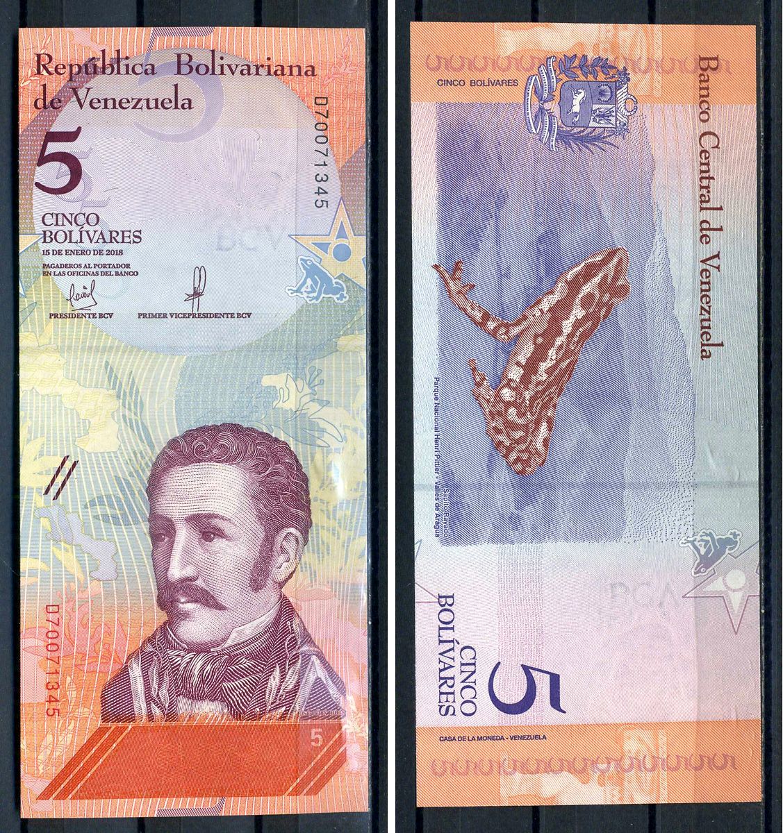 Венесуэла 5 боливаров 2018 15 января 2018, Хосе Феликс Рибас, лягушка Pick 102 бумага UNC (пресс) 8616-60-2-2