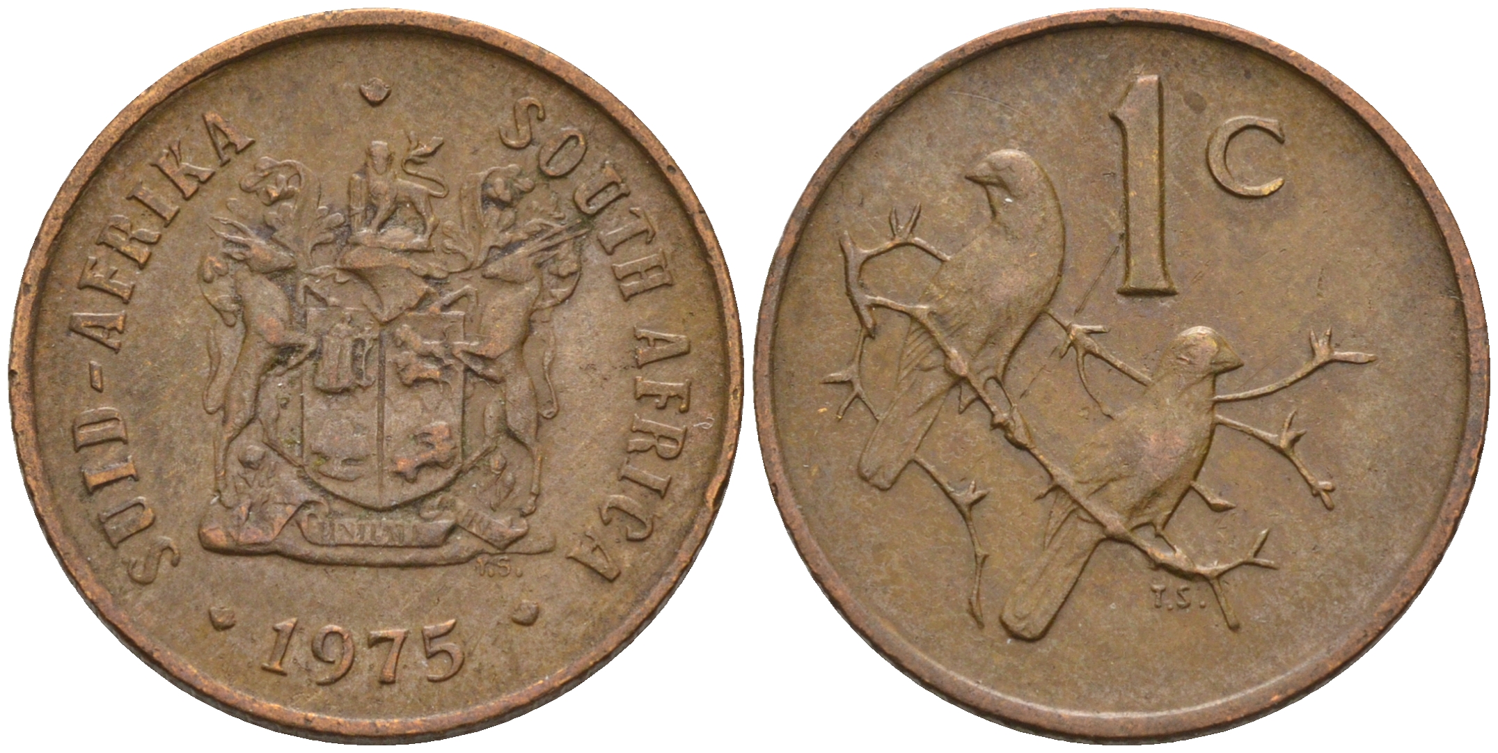 ЮАР 1 цент 1975 герб, капские воробьи KM 82 бронза 4115-168